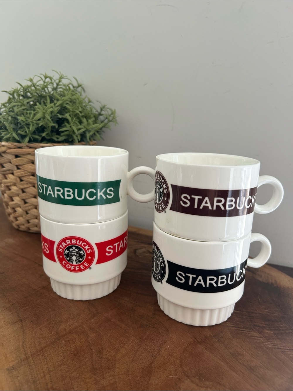 Starbucks White Ceramic stackable Mugs Logo Bands Piecrust bottoms set of 4